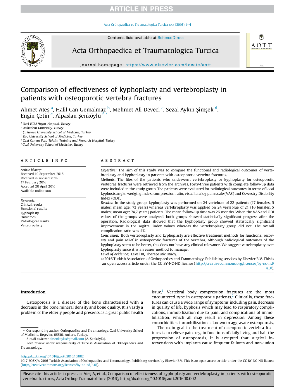 Comparison of effectiveness of kyphoplasty and vertebroplasty in patients with osteoporotic vertebra fractures