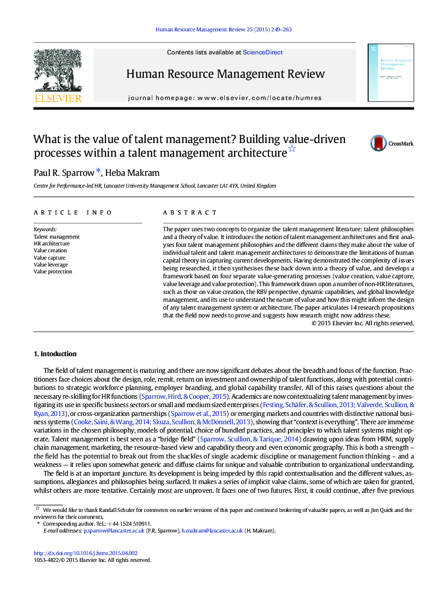 What is the value of talent management? Building value-driven processes within a talent management architecture 