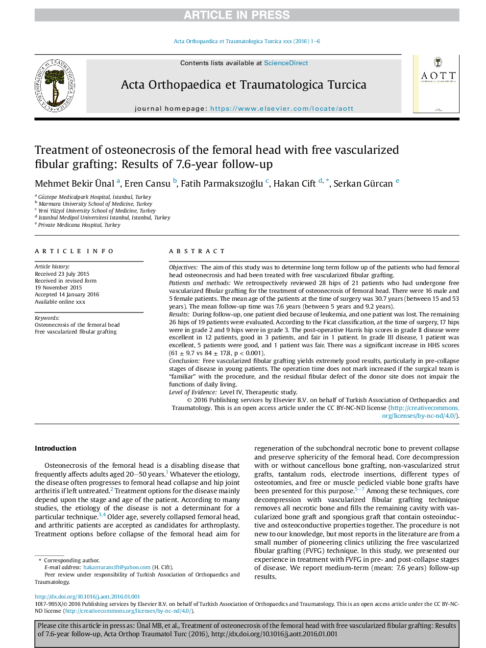 Treatment of osteonecrosis of the femoral head with free vascularized fibular grafting: Results of 7.6-year follow-up