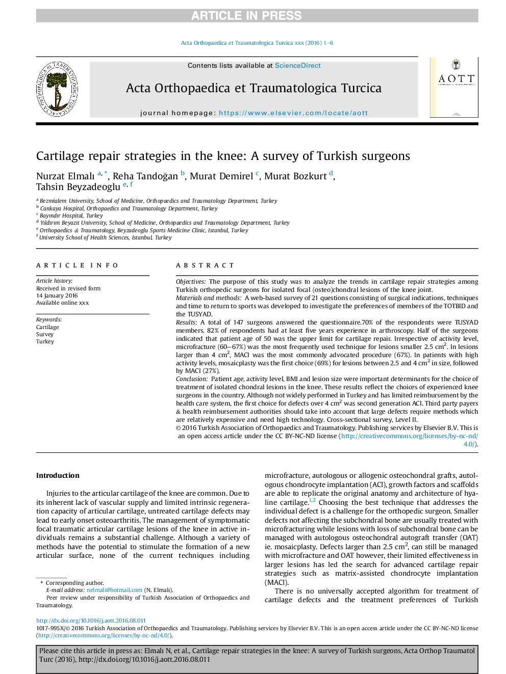 Cartilage repair strategies in the knee: A survey of Turkish surgeons