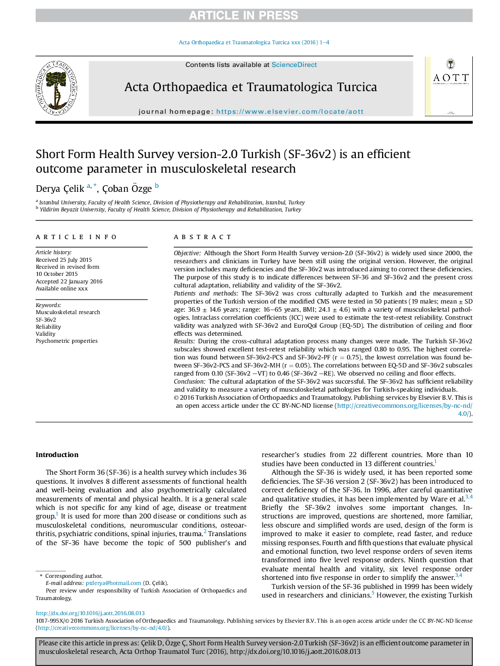 Short Form Health Survey version-2.0 Turkish (SF-36v2) is an efficient outcome parameter in musculoskeletal research