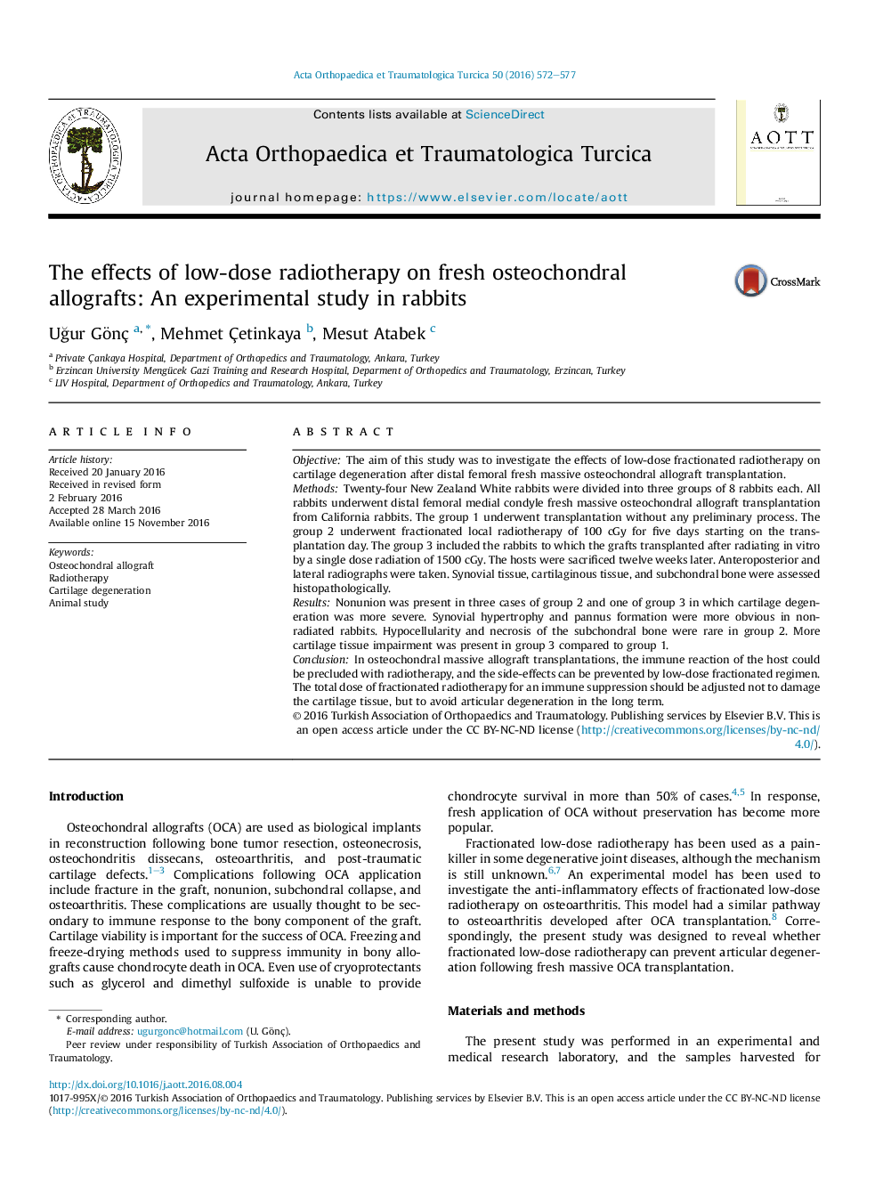 The effects of low-dose radiotherapy on fresh osteochondral allografts: An experimental study in rabbits