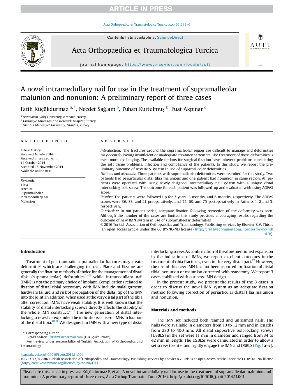 A novel intramedullary nail for use in the treatment of supramalleolar malunion and nonunion: A preliminary report of three cases