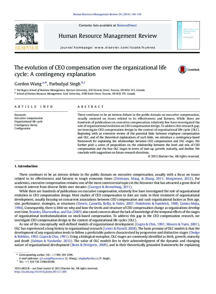 The evolution of CEO compensation over the organizational life cycle: A contingency explanation