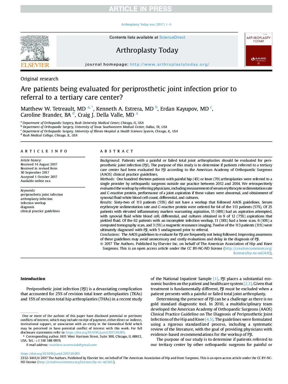 Are patients being evaluated for periprosthetic joint infection prior to referral to a tertiary care center?