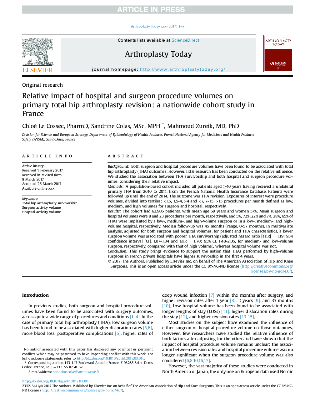 Relative impact of hospital and surgeon procedure volumes on primary total hip arthroplasty revision: a nationwide cohort study in France