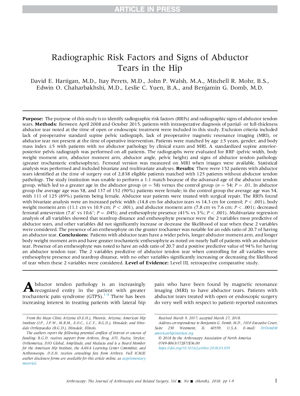 Radiographic Risk Factors and Signs of Abductor Tears in the Hip