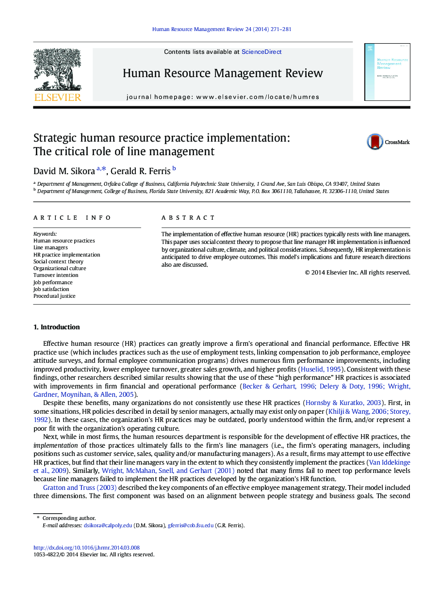 Strategic human resource practice implementation: The critical role of line management