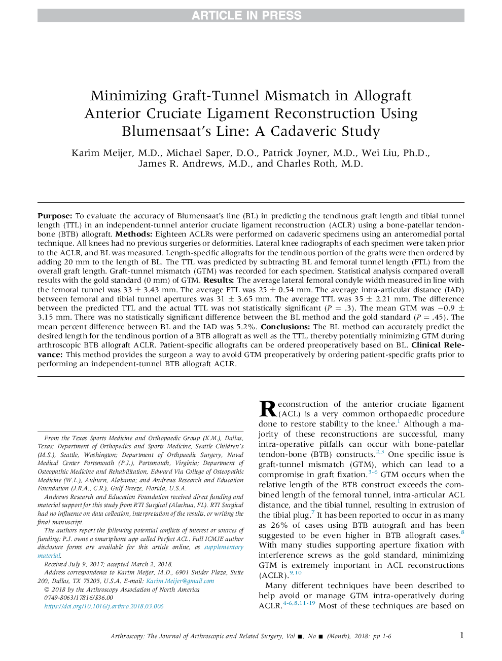 Minimizing Graft-Tunnel Mismatch in Allograft Anterior Cruciate Ligament Reconstruction Using Blumensaat's Line: A Cadaveric Study