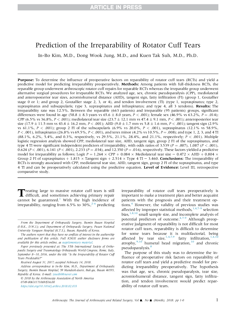 Prediction of the Irreparability of Rotator Cuff Tears