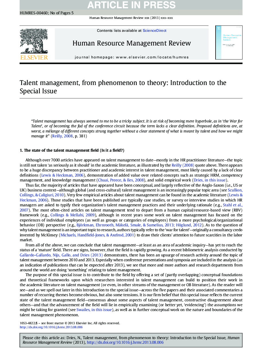 عکس صفحه اول مقاله: Talent management, from phenomenon to theory: Introduction to the Special Issue Talent management, from phenomenon to theory: Introduction to the Special Issue