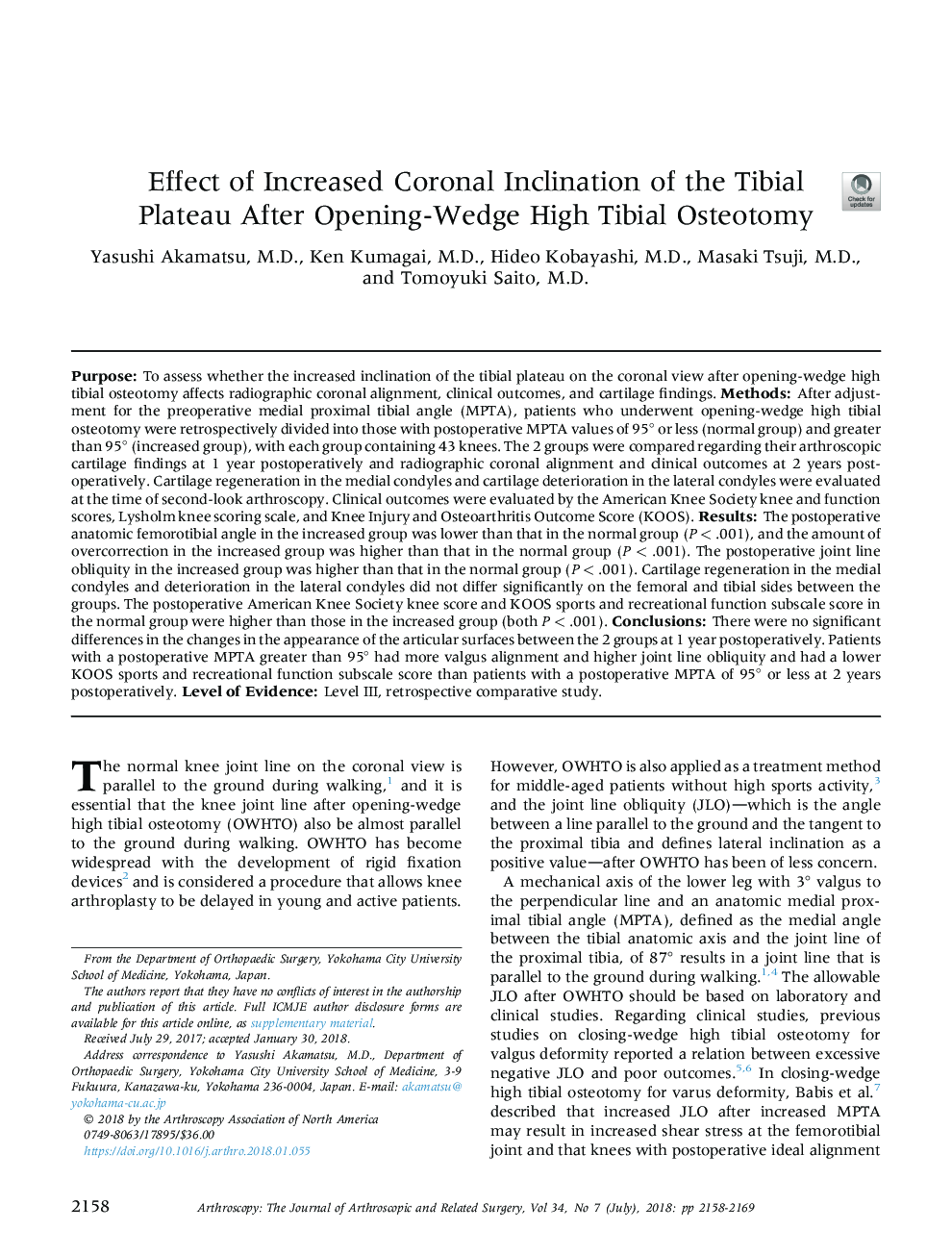 Effect of Increased Coronal Inclination of the Tibial Plateau After Opening-Wedge High Tibial Osteotomy