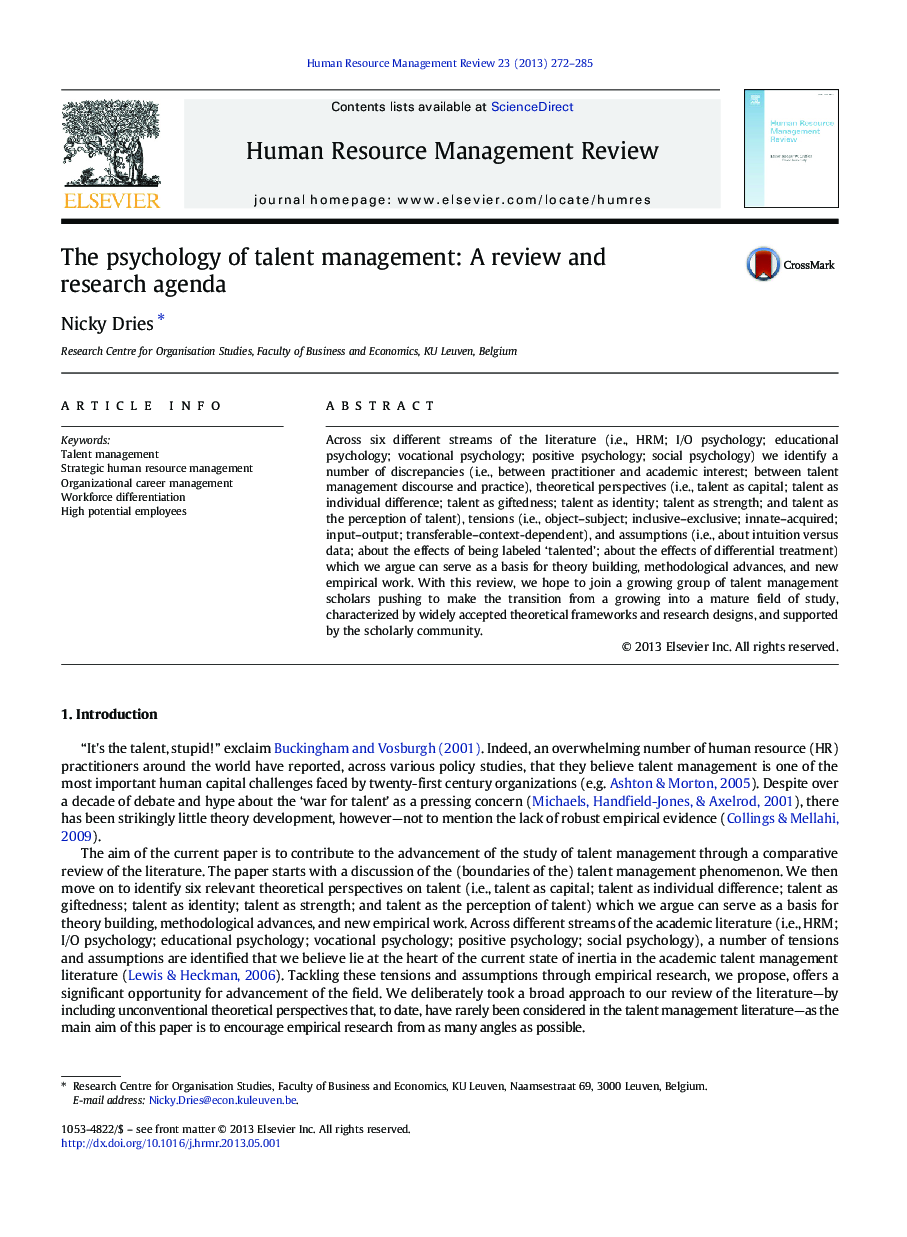 The psychology of talent management: A review and research agenda