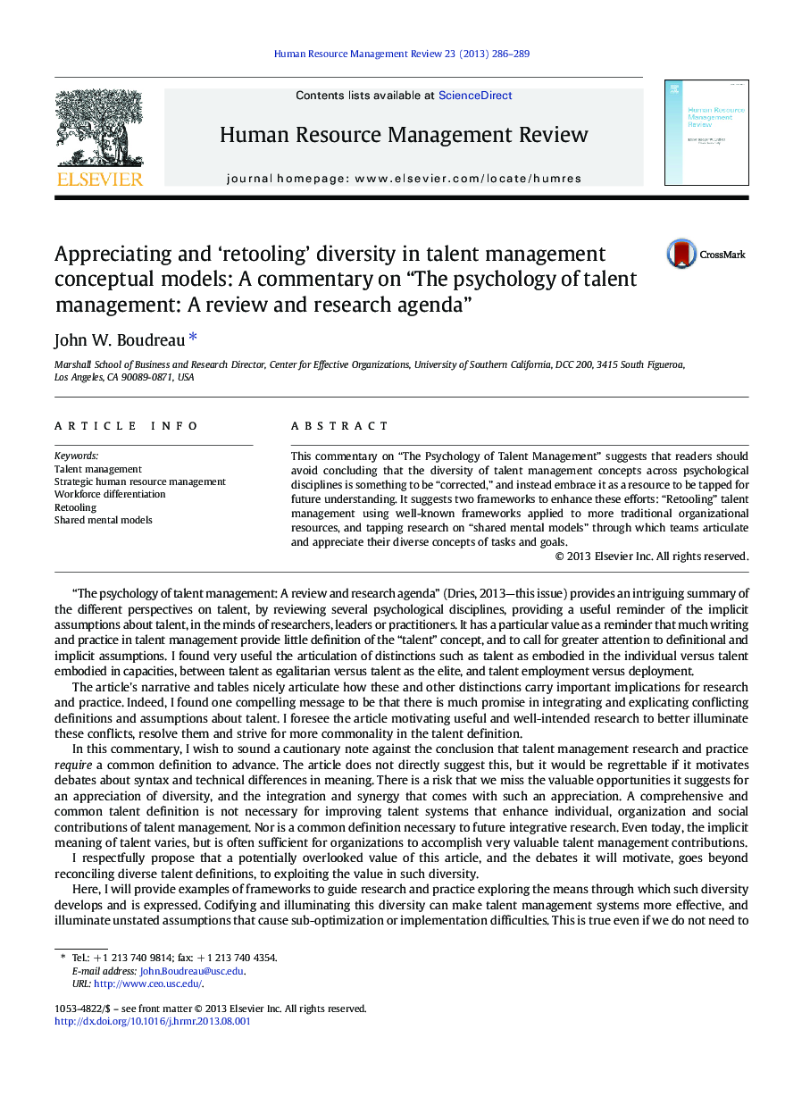 Appreciating and ‘retooling’ diversity in talent management conceptual models: A commentary on “The psychology of talent management: A review and research agenda”