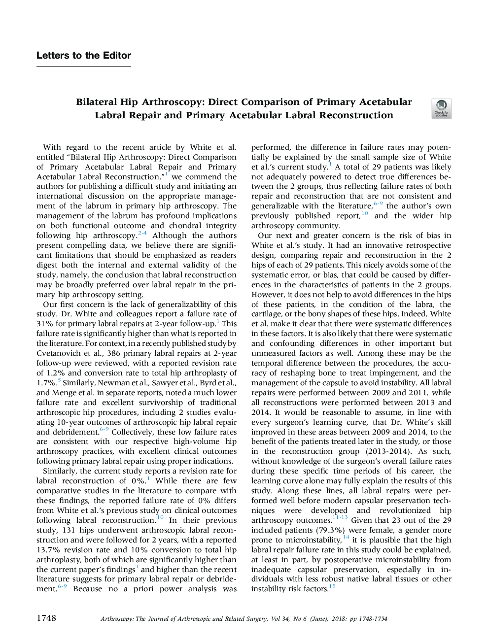 Bilateral Hip Arthroscopy: Direct Comparison of Primary Acetabular Labral Repair and Primary Acetabular Labral Reconstruction