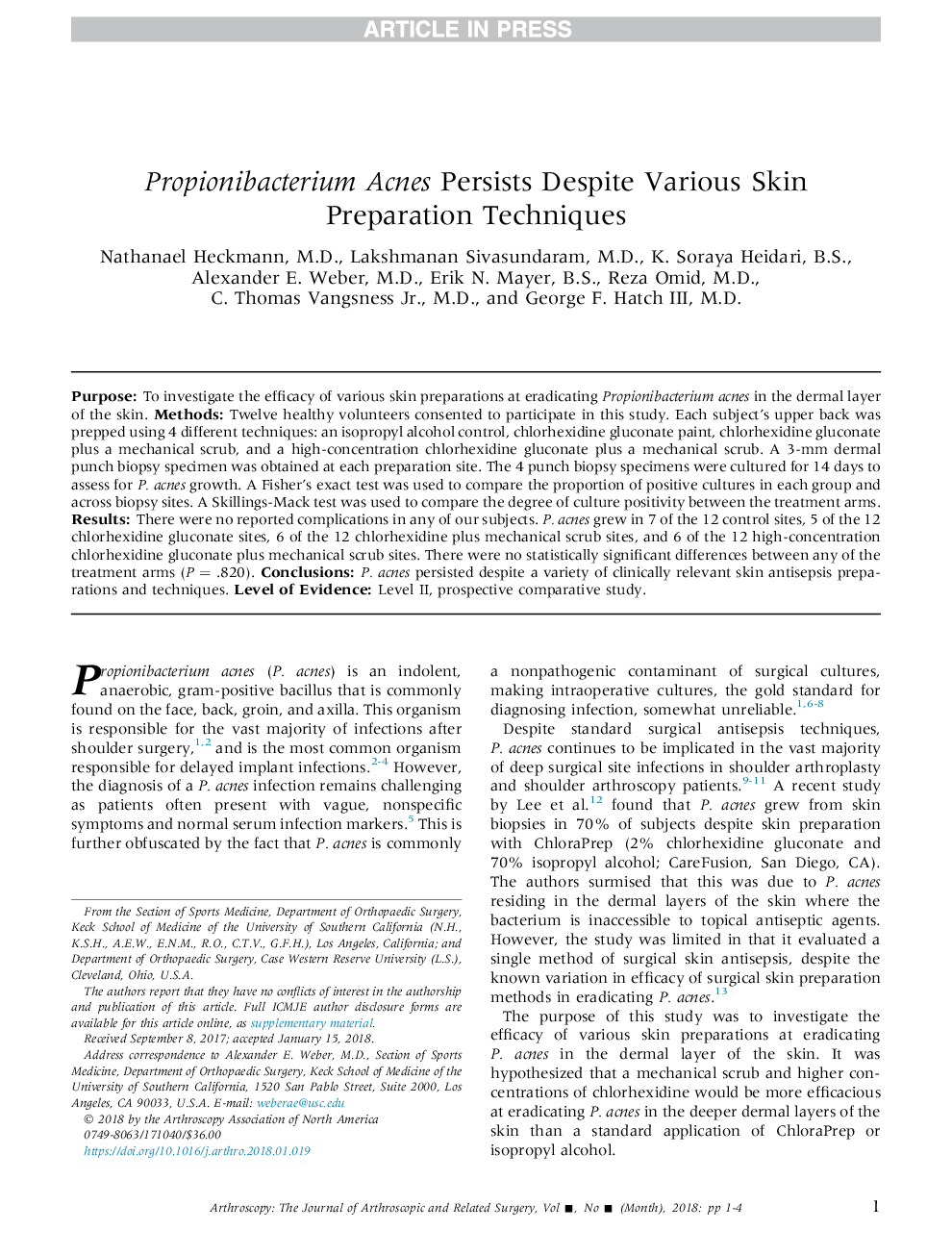 Propionibacterium Acnes Persists Despite Various Skin Preparation Techniques