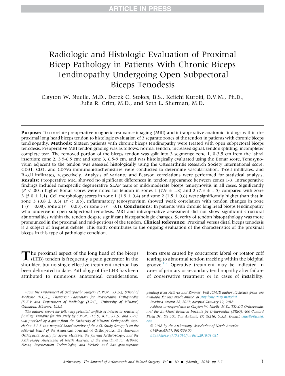 Radiologic and Histologic Evaluation of Proximal Bicep Pathology in Patients With Chronic Biceps Tendinopathy Undergoing Open Subpectoral Biceps Tenodesis