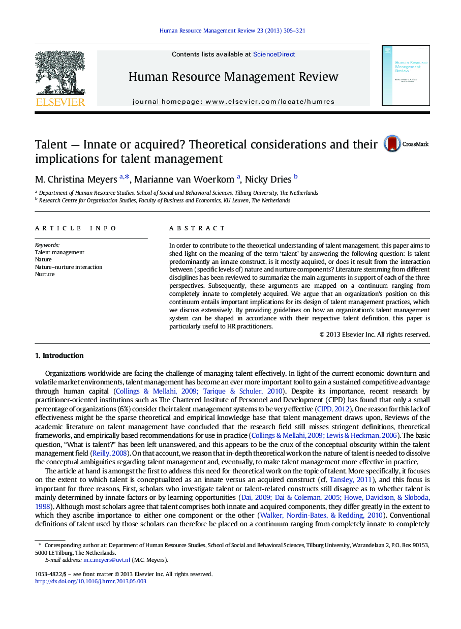 Talent — Innate or acquired? Theoretical considerations and their implications for talent management