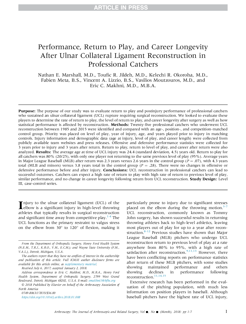 Performance, Return to Play, and Career Longevity After Ulnar Collateral Ligament Reconstruction in Professional Catchers