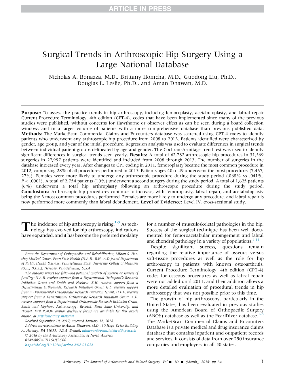 Surgical Trends in Arthroscopic Hip Surgery Using a Large National Database