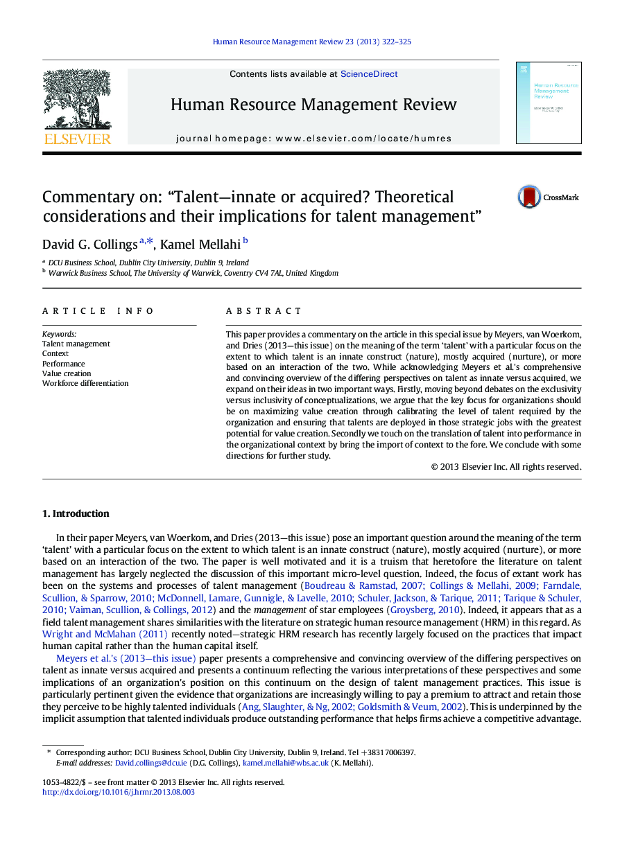 Commentary on: “Talent—innate or acquired? Theoretical considerations and their implications for talent management”