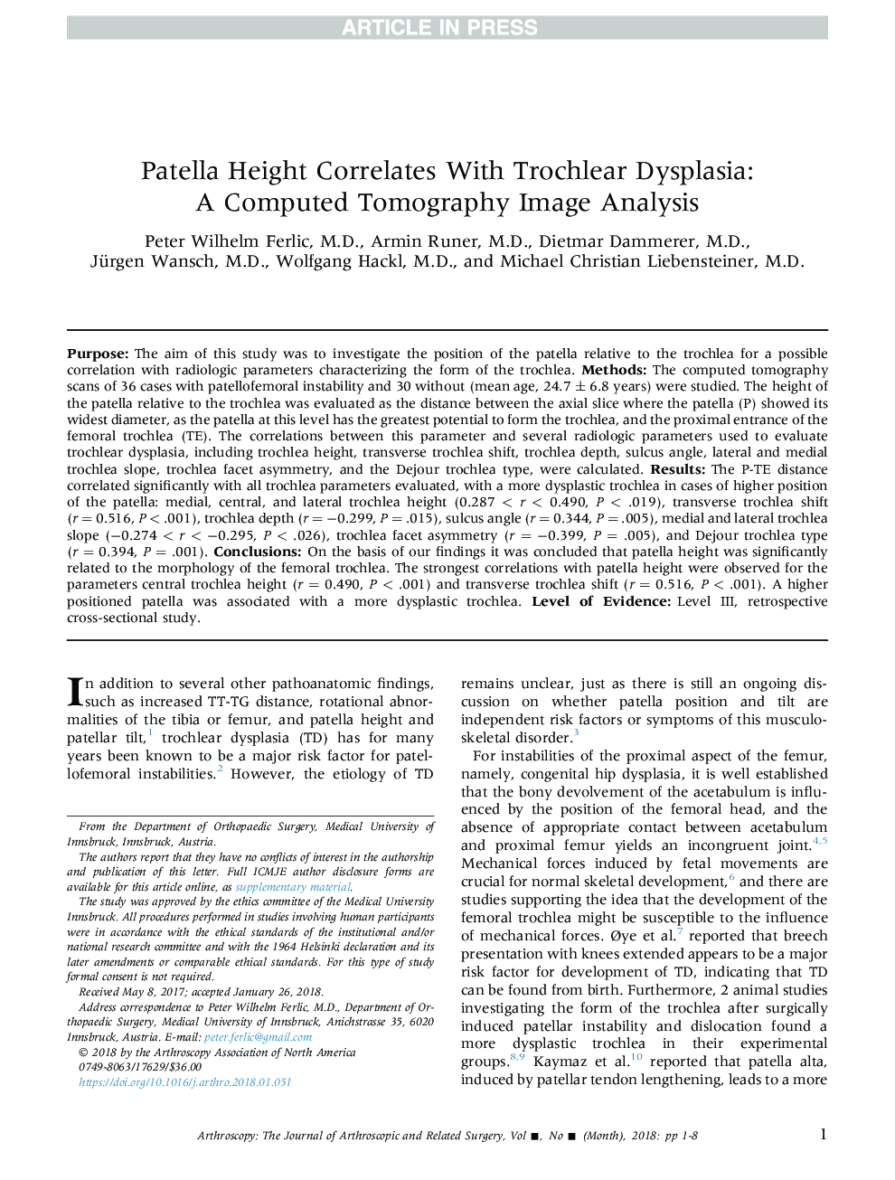 Patella Height Correlates With Trochlear Dysplasia: AÂ Computed Tomography Image Analysis