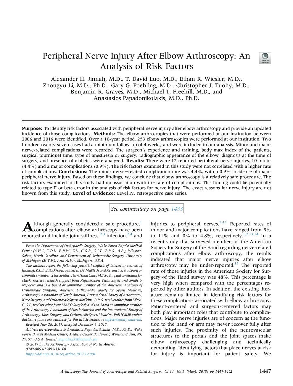 Peripheral Nerve Injury After Elbow Arthroscopy: An Analysis of Risk Factors