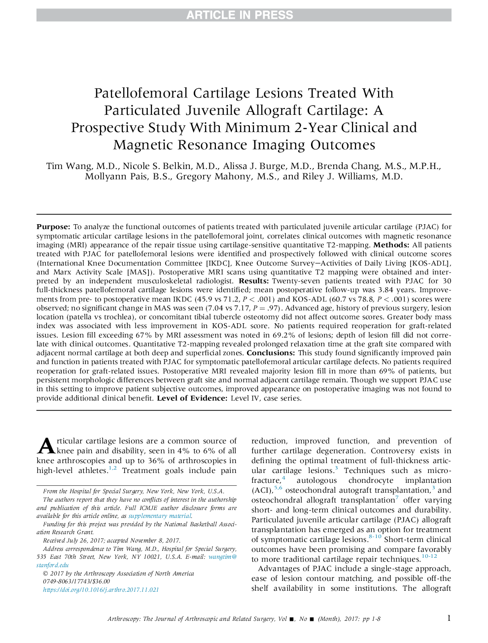 Patellofemoral Cartilage Lesions Treated With Particulated Juvenile Allograft Cartilage: A Prospective Study With Minimum 2-Year Clinical and Magnetic Resonance Imaging Outcomes