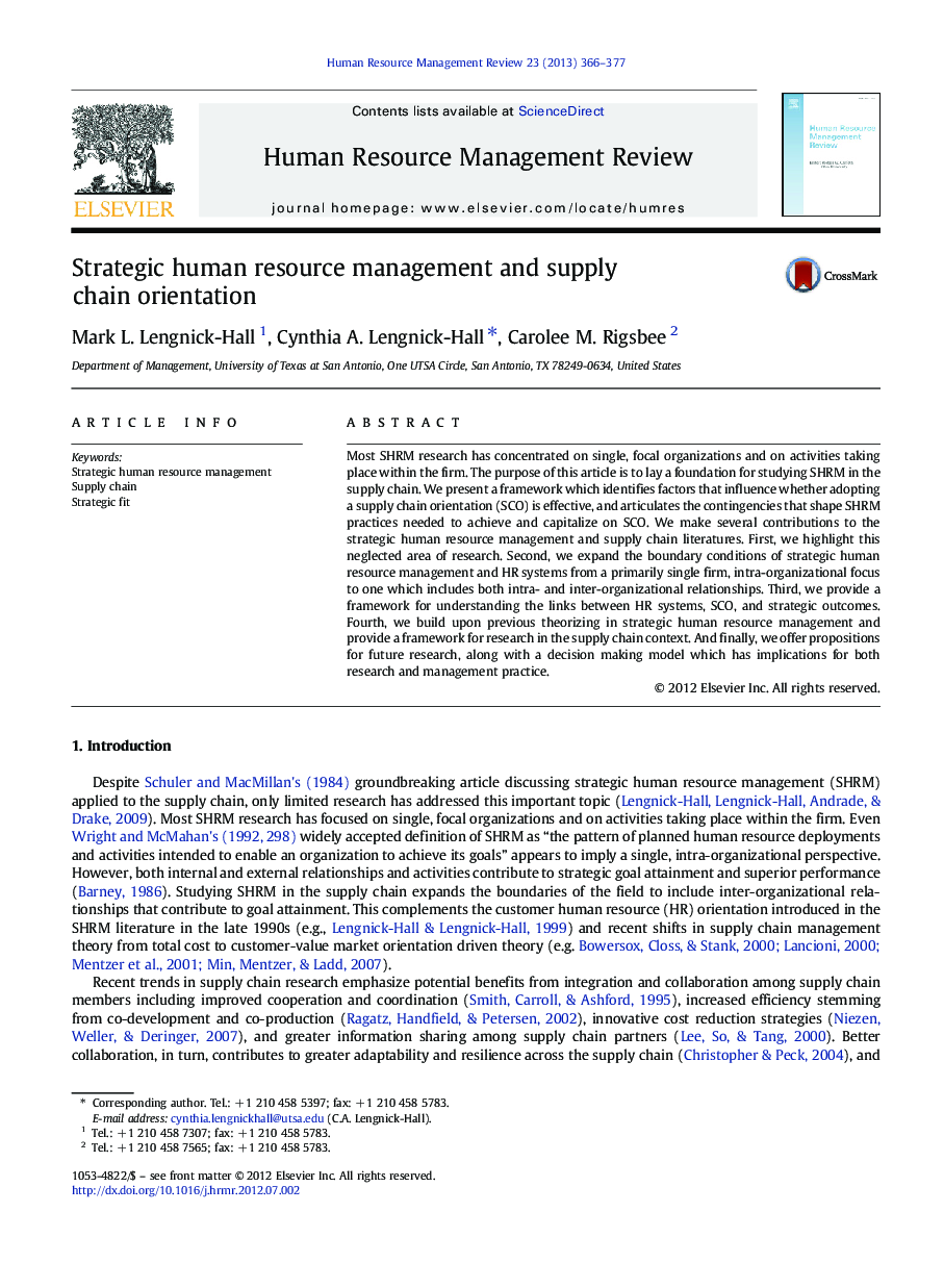 Strategic human resource management and supply chain orientation