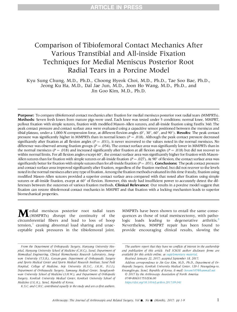 Comparison of Tibiofemoral Contact Mechanics After Various Transtibial and All-Inside Fixation Techniques for Medial Meniscus Posterior Root Radial Tears in a Porcine Model