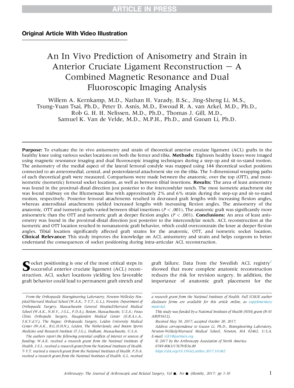 An InÂ Vivo Prediction of Anisometry and Strain in Anterior Cruciate Ligament Reconstruction - A Combined Magnetic Resonance and Dual Fluoroscopic Imaging Analysis