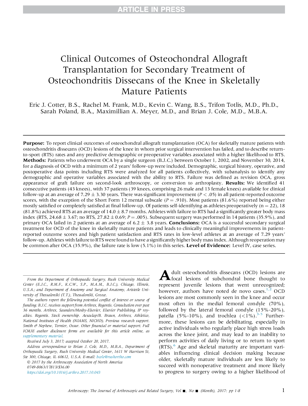 Clinical Outcomes of Osteochondral Allograft Transplantation for Secondary Treatment of Osteochondritis Dissecans of the Knee in Skeletally Mature Patients