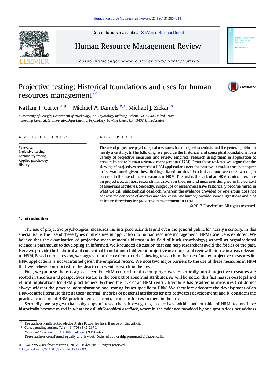Projective testing: Historical foundations and uses for human resources management 