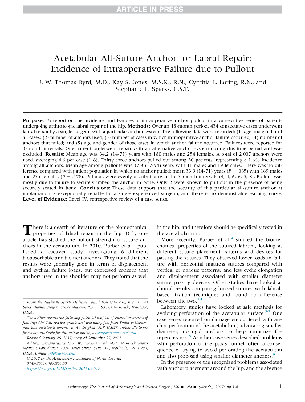 Acetabular All-Suture Anchor for Labral Repair: Incidence of Intraoperative Failure due to Pullout