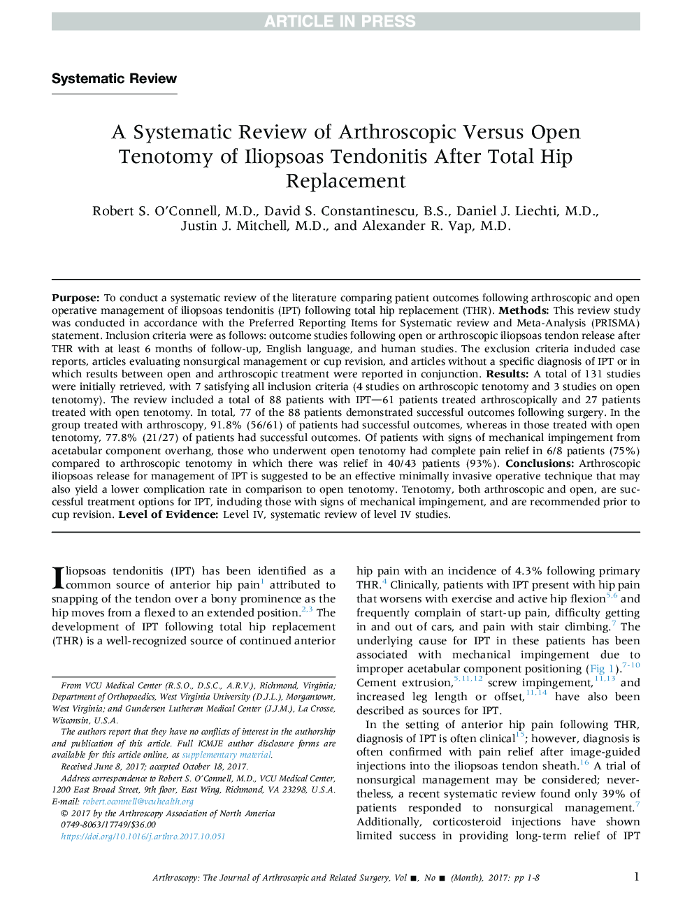 A Systematic Review of Arthroscopic Versus Open Tenotomy of Iliopsoas Tendonitis After Total Hip Replacement