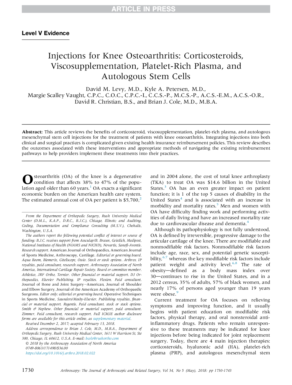 Injections for Knee Osteoarthritis: Corticosteroids, Viscosupplementation, Platelet-Rich Plasma, and Autologous Stem Cells