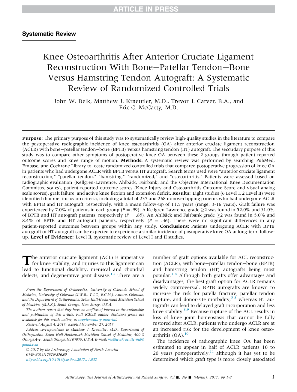 Knee Osteoarthritis After Anterior Cruciate Ligament Reconstruction With Bone-Patellar Tendon-Bone Versus Hamstring Tendon Autograft: A Systematic Review of Randomized Controlled Trials