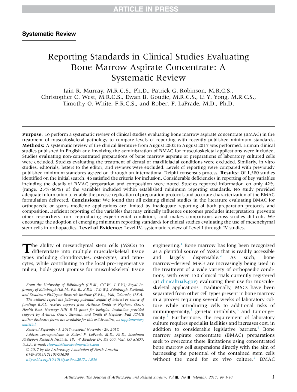 Reporting Standards in Clinical Studies Evaluating Bone Marrow Aspirate Concentrate: A Systematic Review