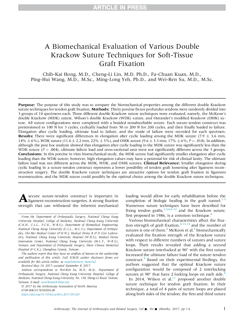 A Biomechanical Evaluation of Various Double Krackow Suture Techniques for Soft-Tissue Graft Fixation