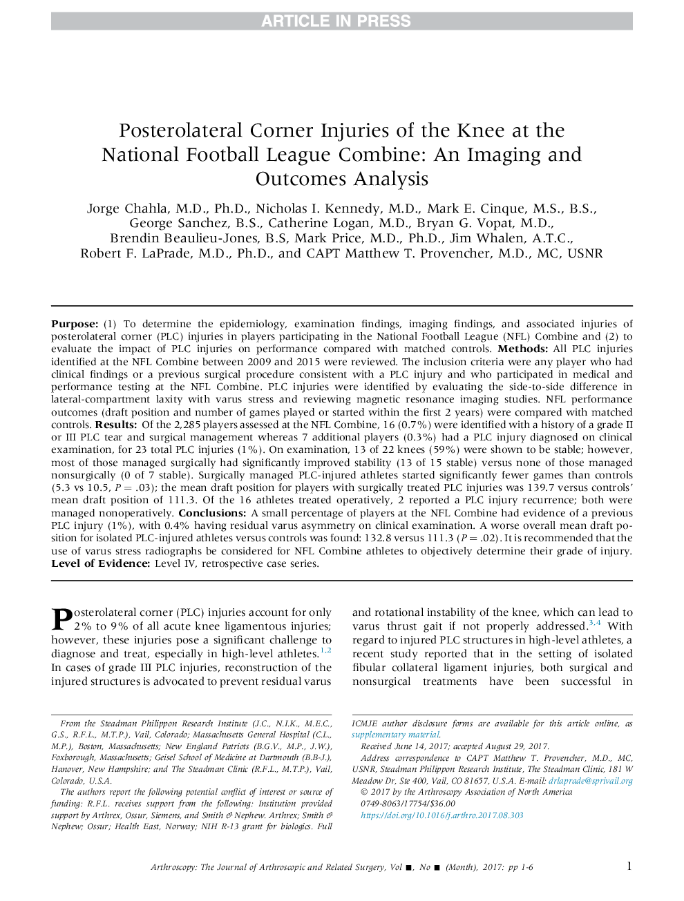 Posterolateral Corner Injuries of the Knee at the National Football League Combine: An Imaging and Outcomes Analysis