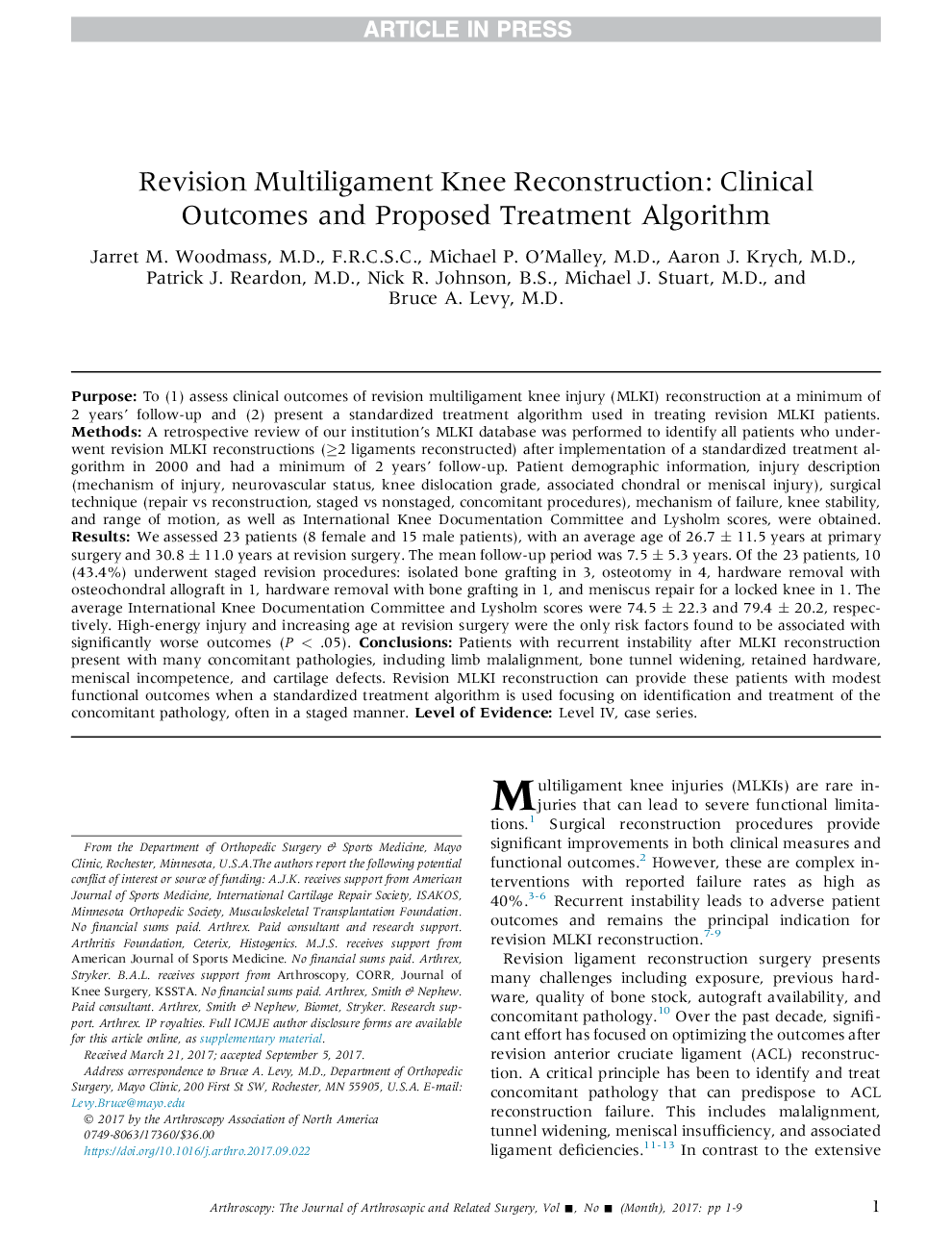 Revision Multiligament Knee Reconstruction: Clinical Outcomes and Proposed Treatment Algorithm