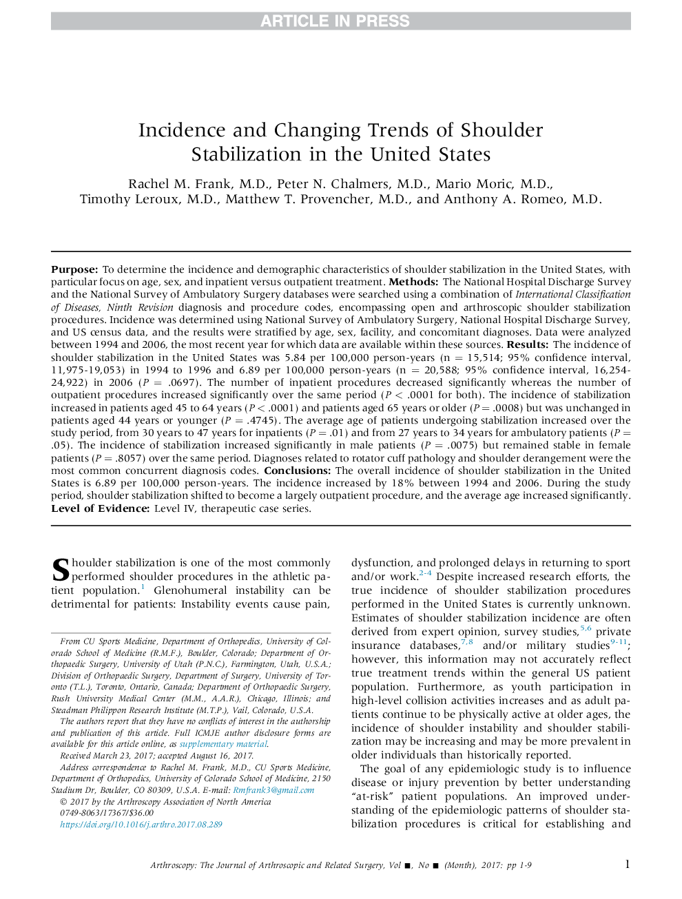 Incidence and Changing Trends of Shoulder Stabilization in the United States