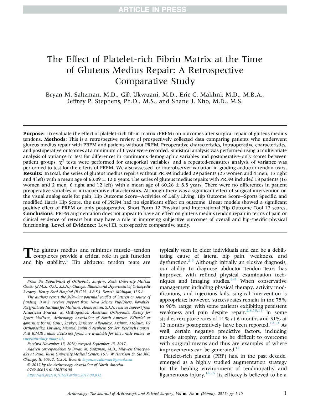 The Effect of Platelet-Rich Fibrin Matrix at the Time of Gluteus Medius Repair: A Retrospective Comparative Study