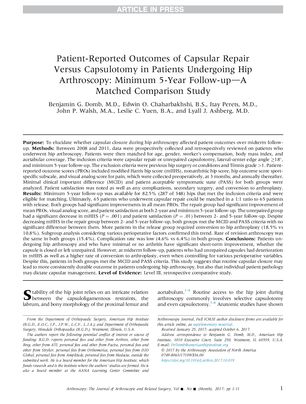 نتایج گزارش شده بیمار از تعمیر کپسول در مقابل کپسولوتومی در بیماران مبتلا به آرتروسکوپی هیپ: مطالعه حداقل 5 ساله پیگیری و مقایسه شده 