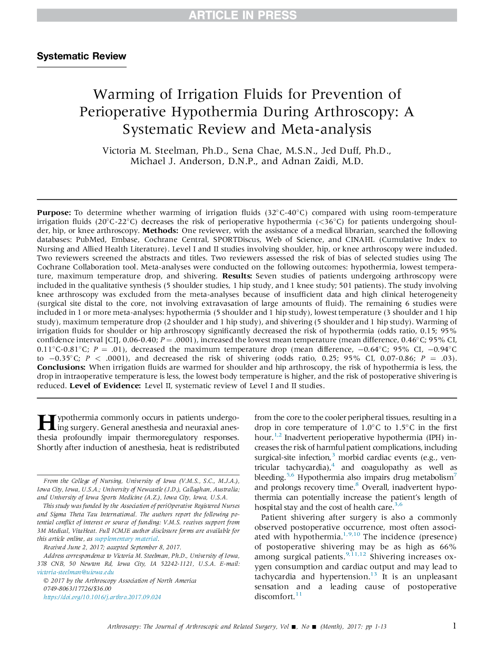 Warming of Irrigation Fluids for Prevention of Perioperative Hypothermia During Arthroscopy: A Systematic Review and Meta-analysis