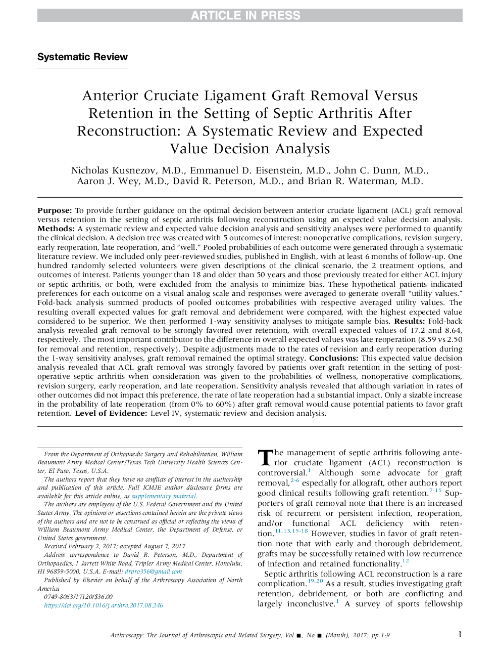 Anterior Cruciate Ligament Graft Removal Versus Retention in the Setting of Septic Arthritis After Reconstruction: A Systematic Review and Expected Value Decision Analysis