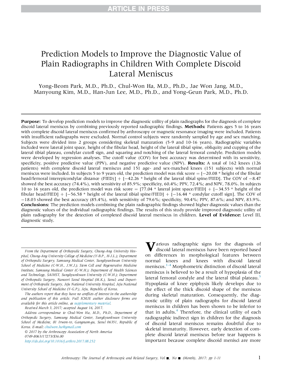 Prediction Models to Improve the Diagnostic Value of Plain Radiographs in Children With Complete Discoid Lateral Meniscus