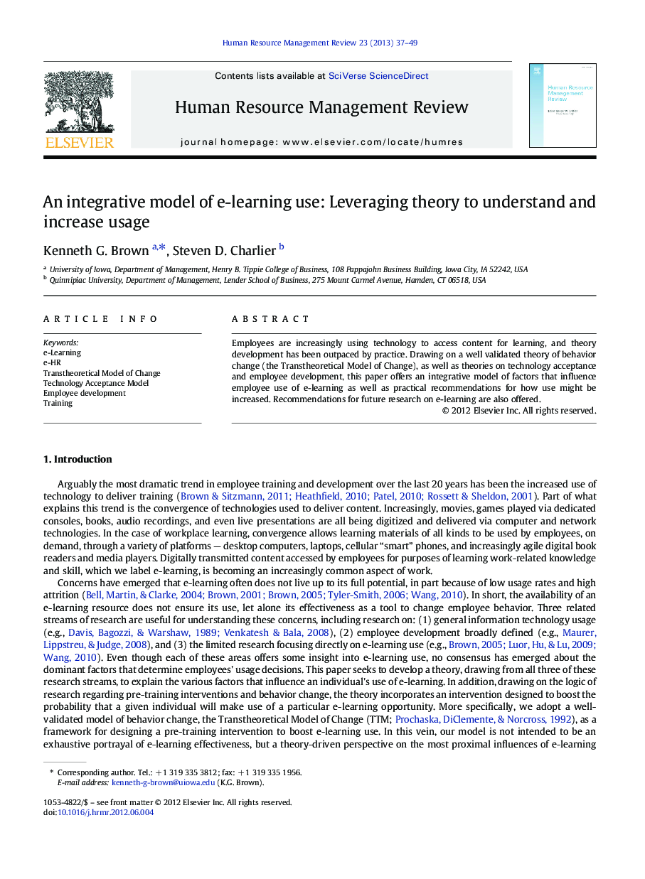 An integrative model of e-learning use: Leveraging theory to understand and increase usage