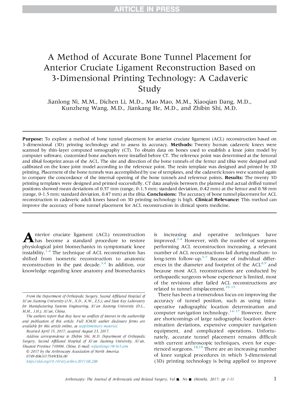 A Method of Accurate Bone Tunnel Placement for Anterior Cruciate Ligament Reconstruction Based on 3-Dimensional Printing Technology: A Cadaveric Study