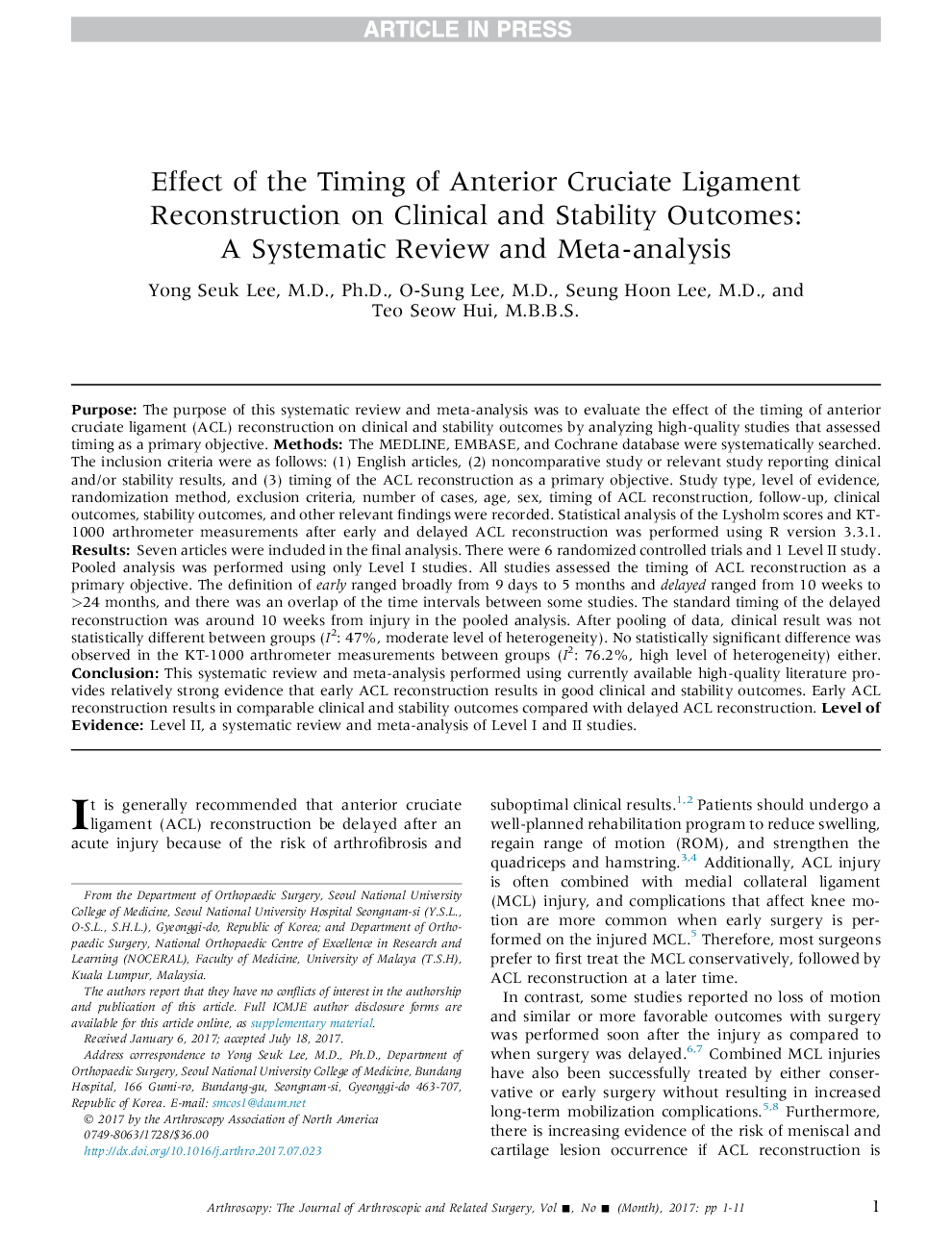 Effect of the Timing of Anterior Cruciate Ligament Reconstruction on Clinical and Stability Outcomes: AÂ Systematic Review and Meta-analysis